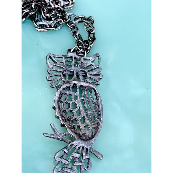 Vintage 1970s Pewter Owl Pendant Necklace Retro - Picture 3 of 10